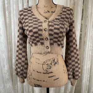 NWT Checkered Crop Cardigan Soft Sweater Fuzzy Brown Tan